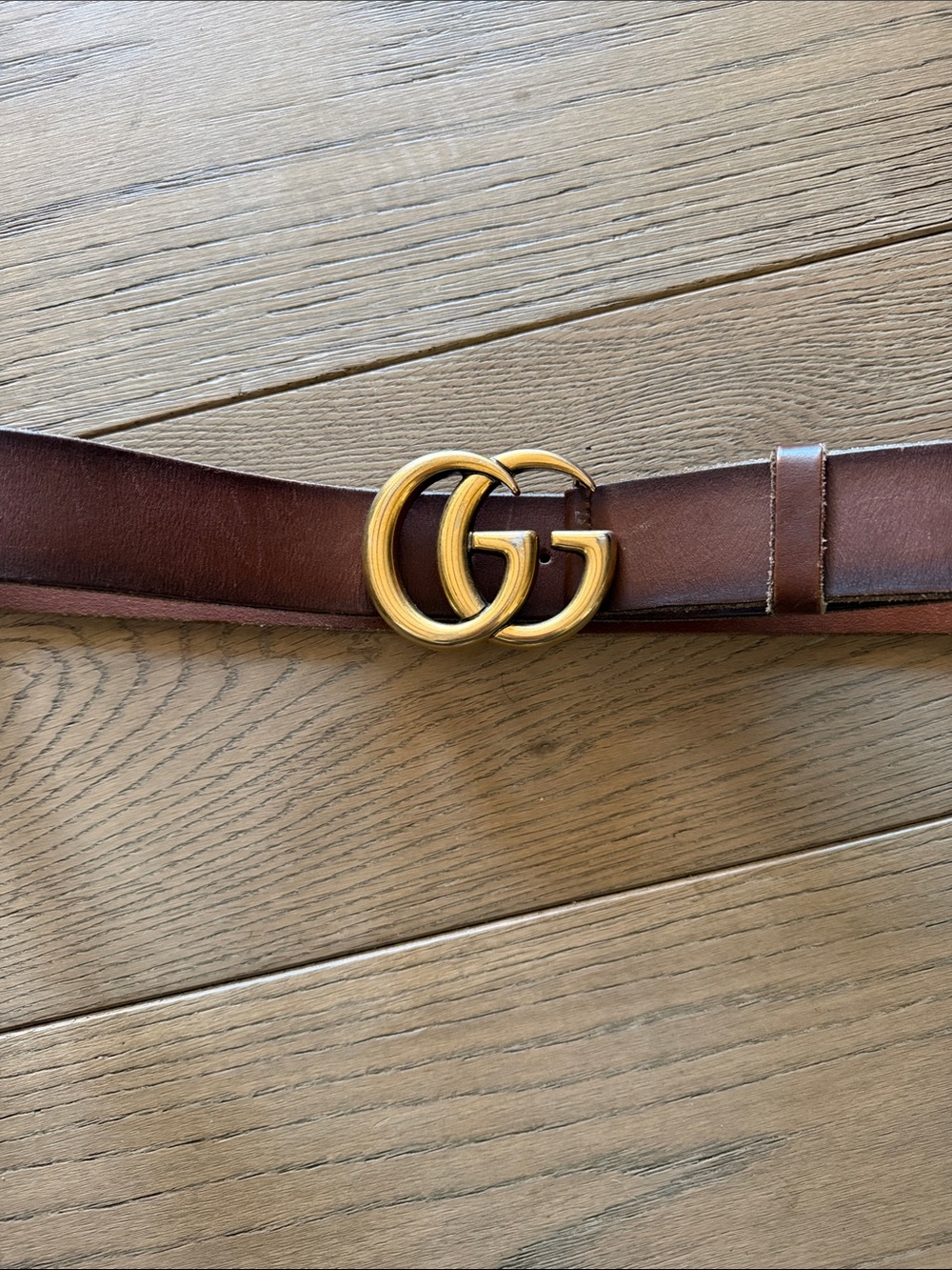 GUCCI GG Double Ring Brown Leather Belt with Gold Buckle